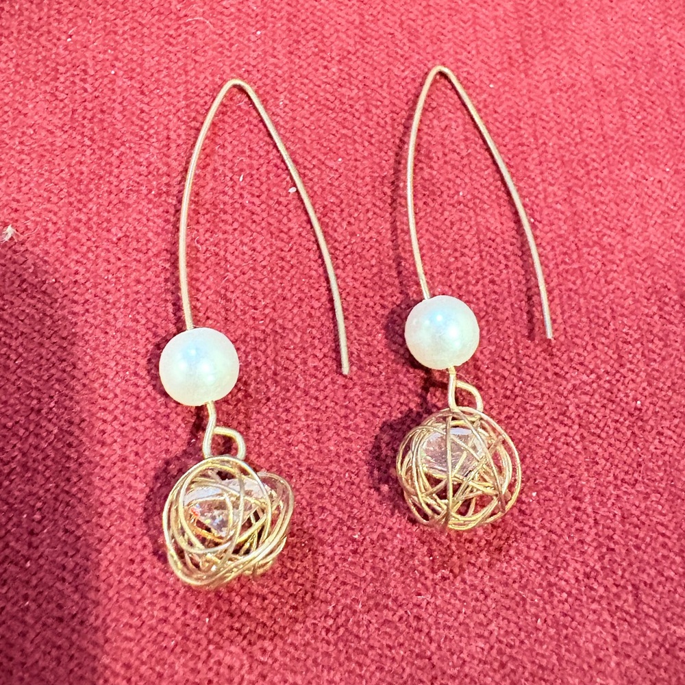 Elegant Gold Wire and Pearl Like Drop Earrings